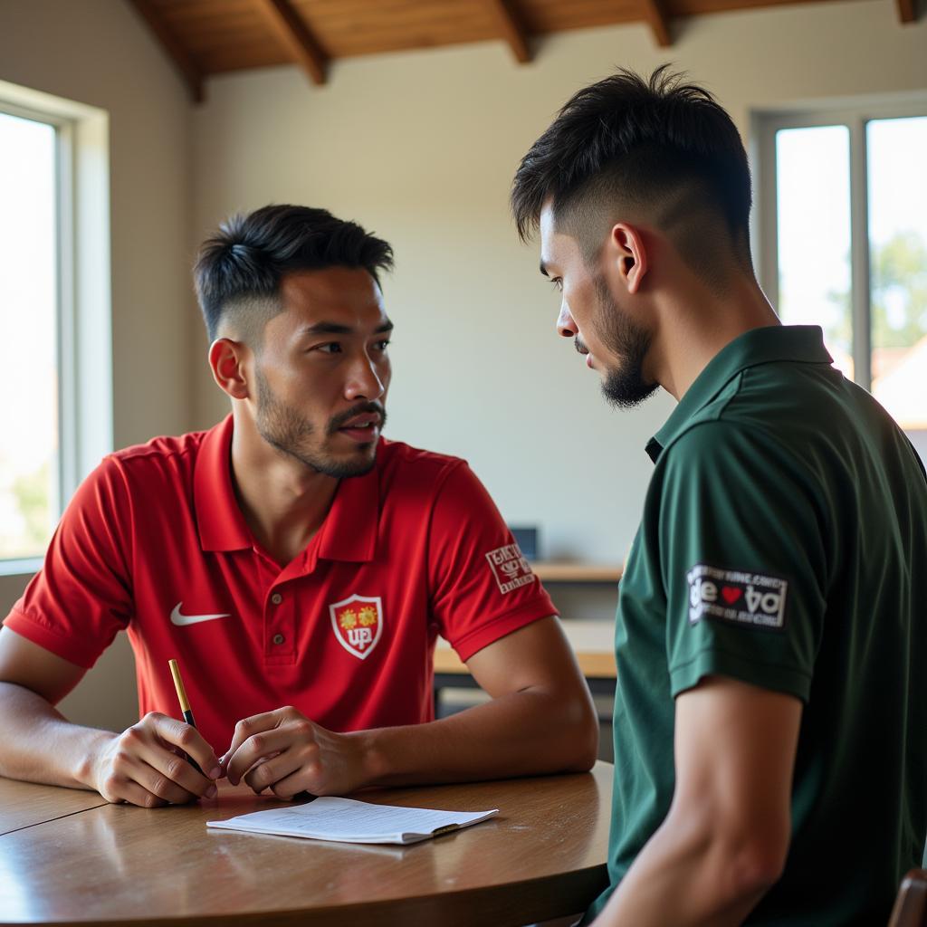 A U22 Vietnam player consulting with a nutritionist about meal planning and dietary requirements for optimal performance.