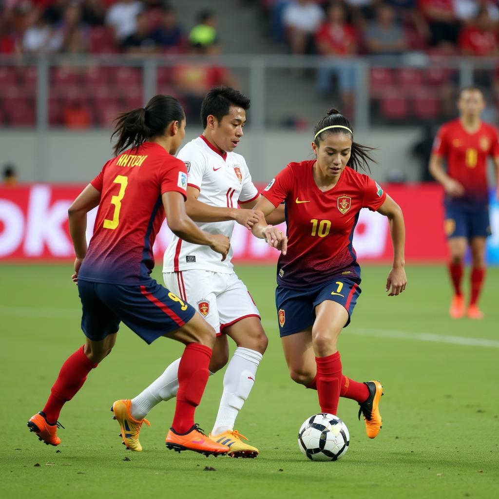 U22 Vietnam midfielders control the ball during a match, demonstrating their passing and teamwork skills