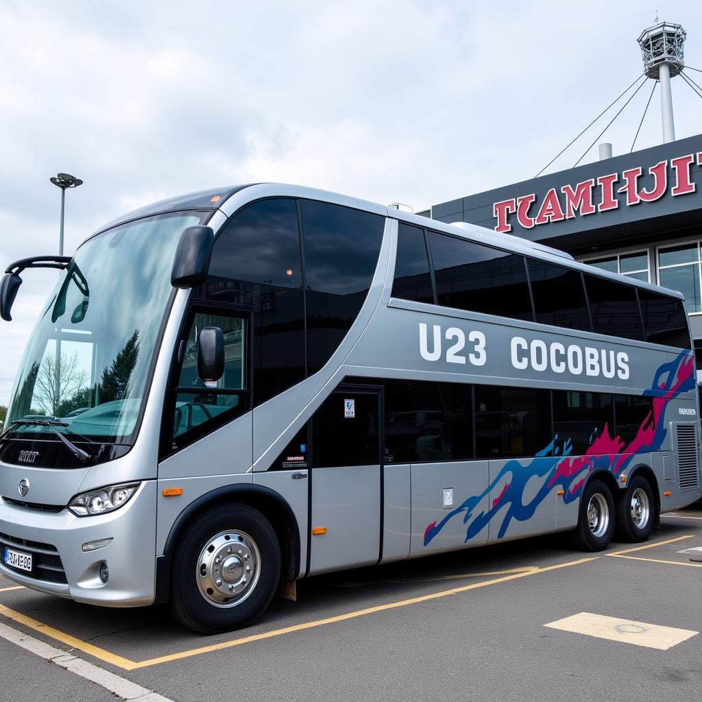 Modern and sleek exterior of a U23 Cocobus, parked outside a stadium.