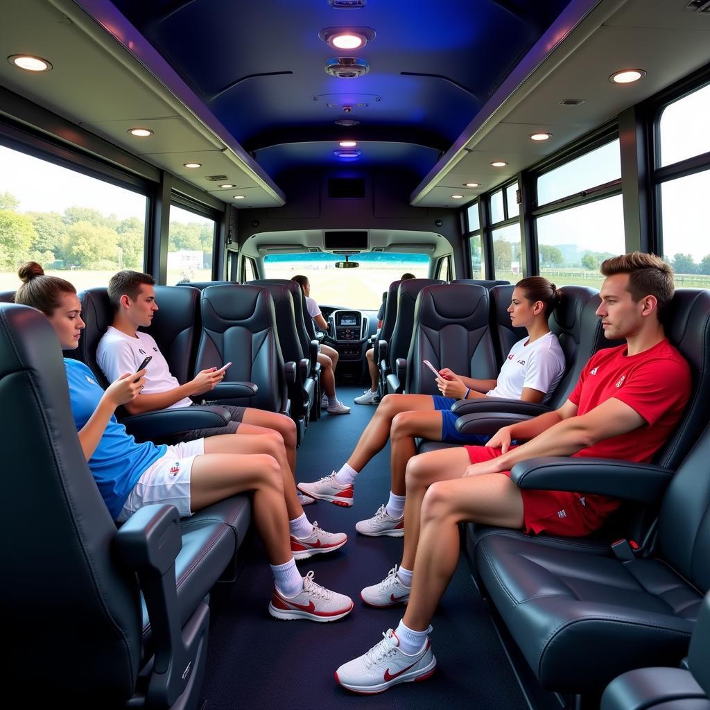 U23 players relaxing in comfortable seats on a team bus