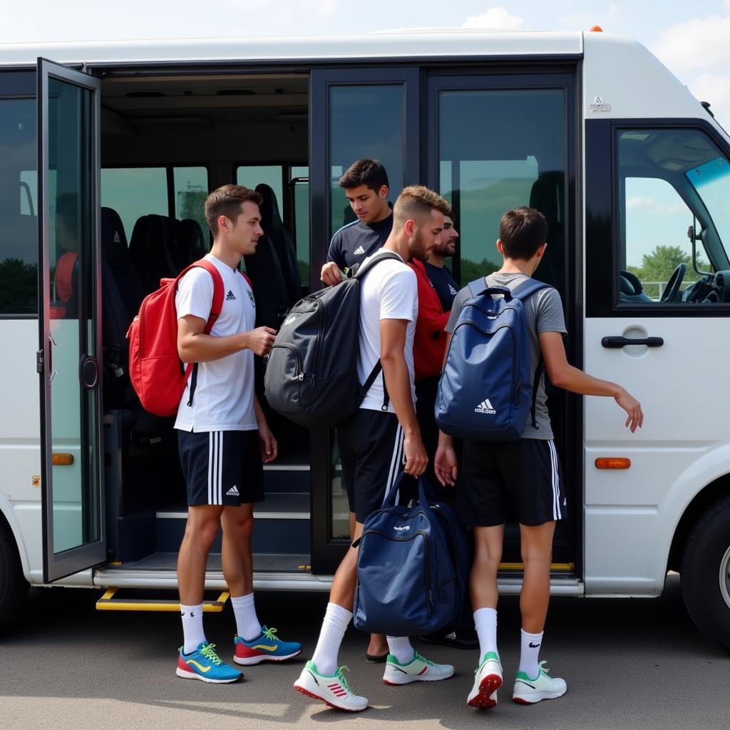 U23 players boarding a modern minibus for transport