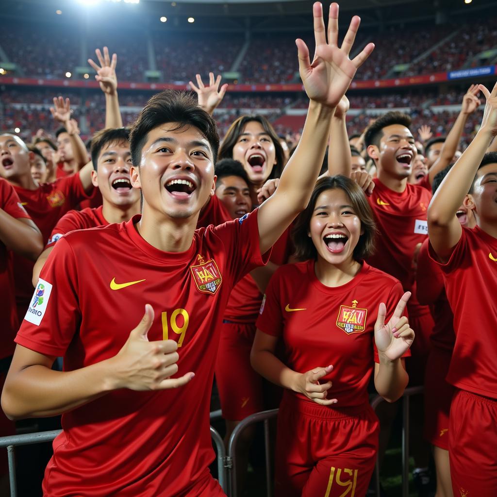 Enthusiastic fans of the U23 Vietnam national team celebrating a victory, showcasing their passion and support for the team.