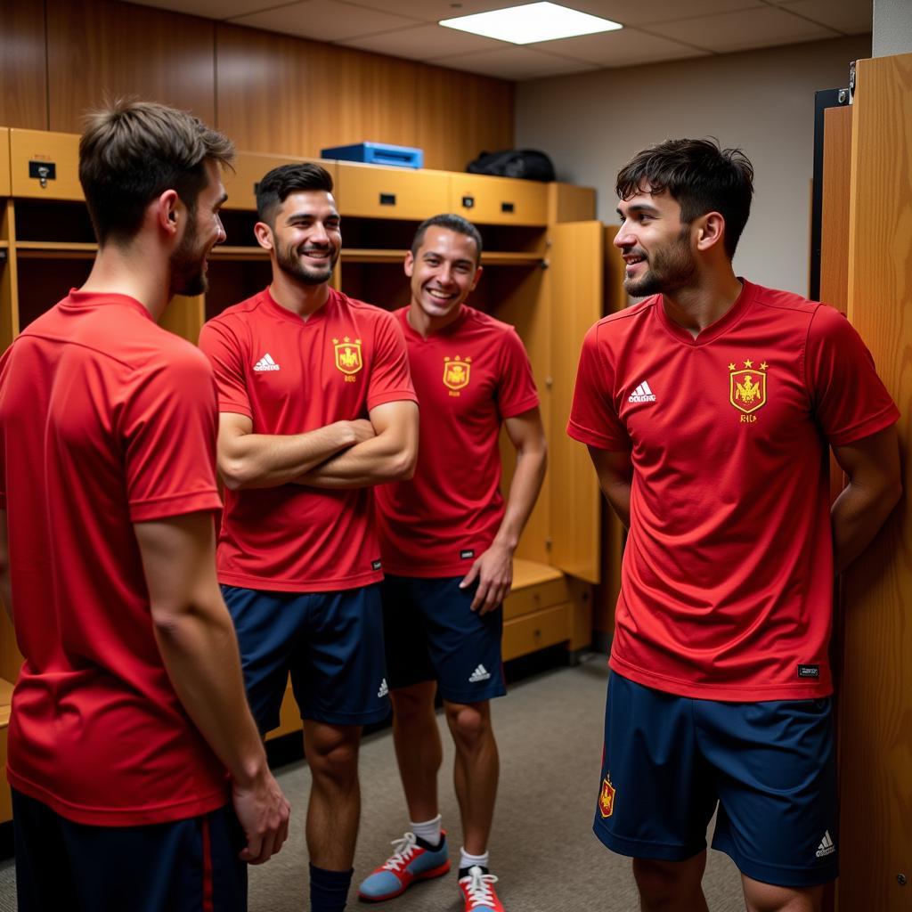 U23 Vietnam players interacting in the locker room, showcasing their team spirit and camaraderie.