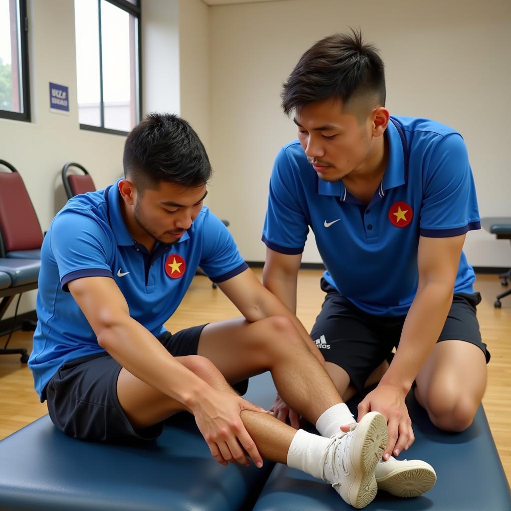 U23 Vietnam physiotherapist assisting player with recovery exercises