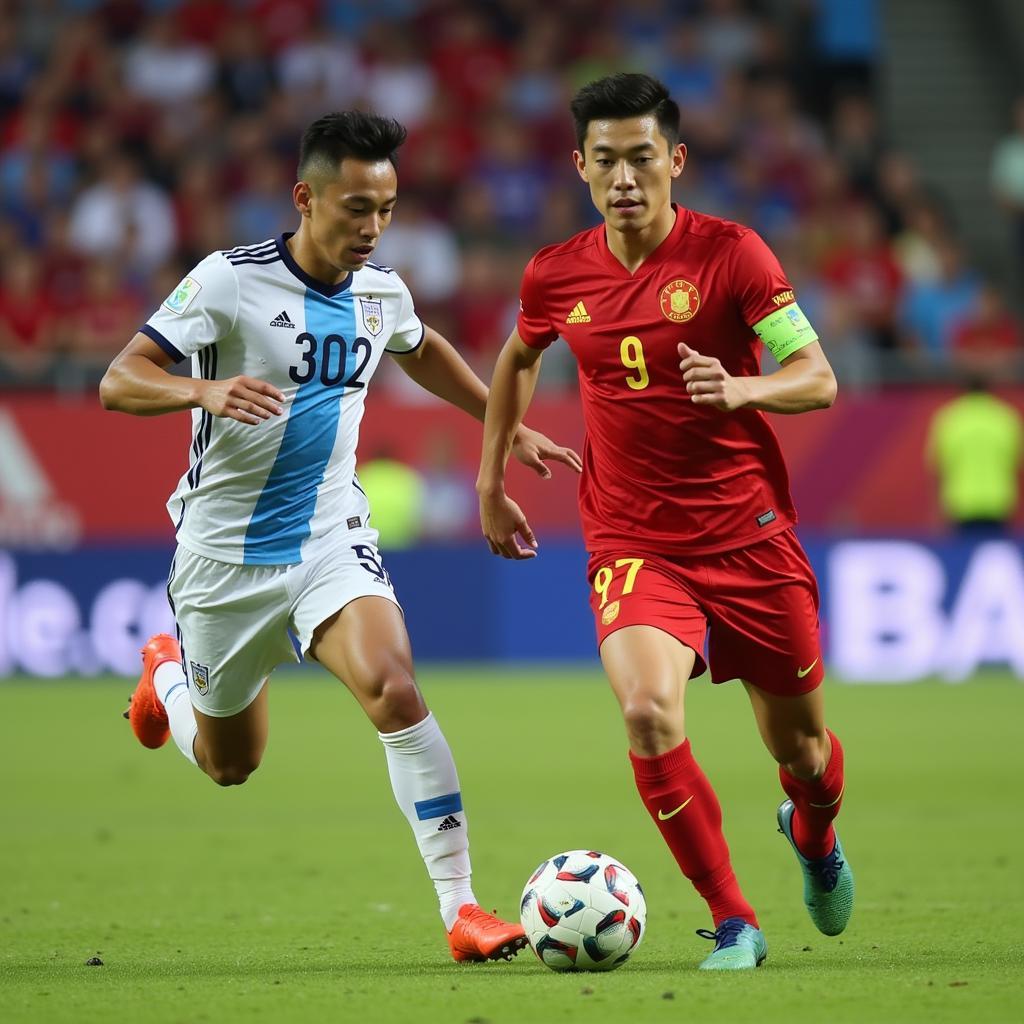 An action shot of a U23 Vietnam player dribbling the ball past an opponent