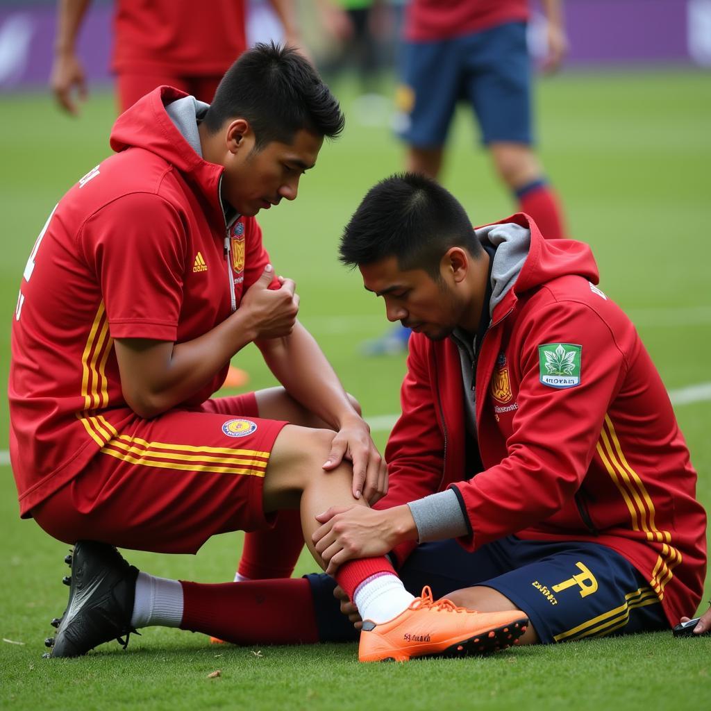 U23 Vietnam team doctor assessing an injured player