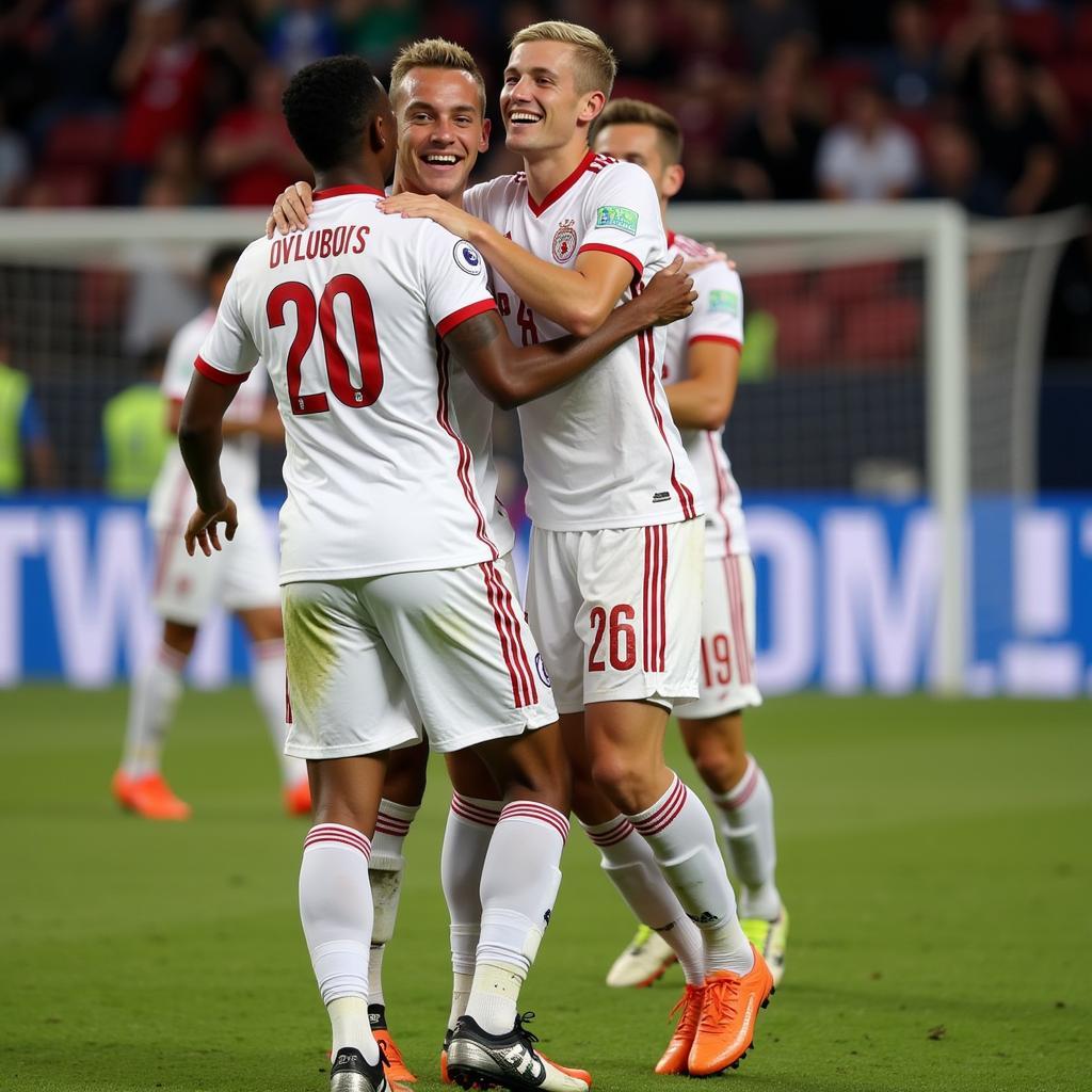 Van de Beek celebrating a goal with teammates