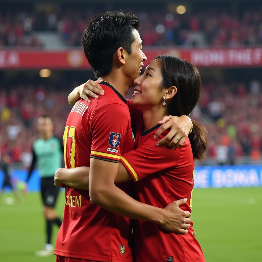 Văn Quyết celebrating a victory with his wife