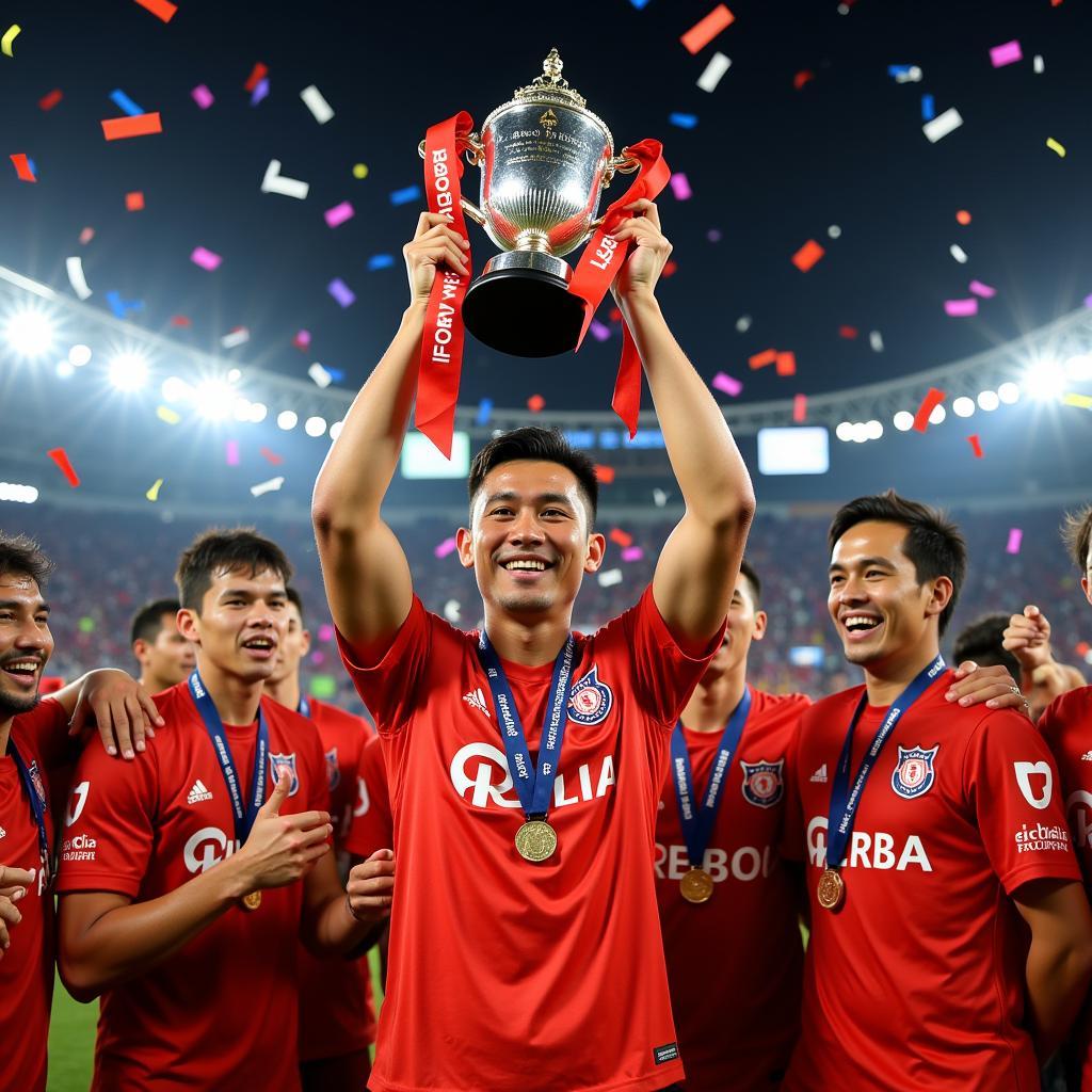 Van Quyet Lifting the V.League Trophy as Captain