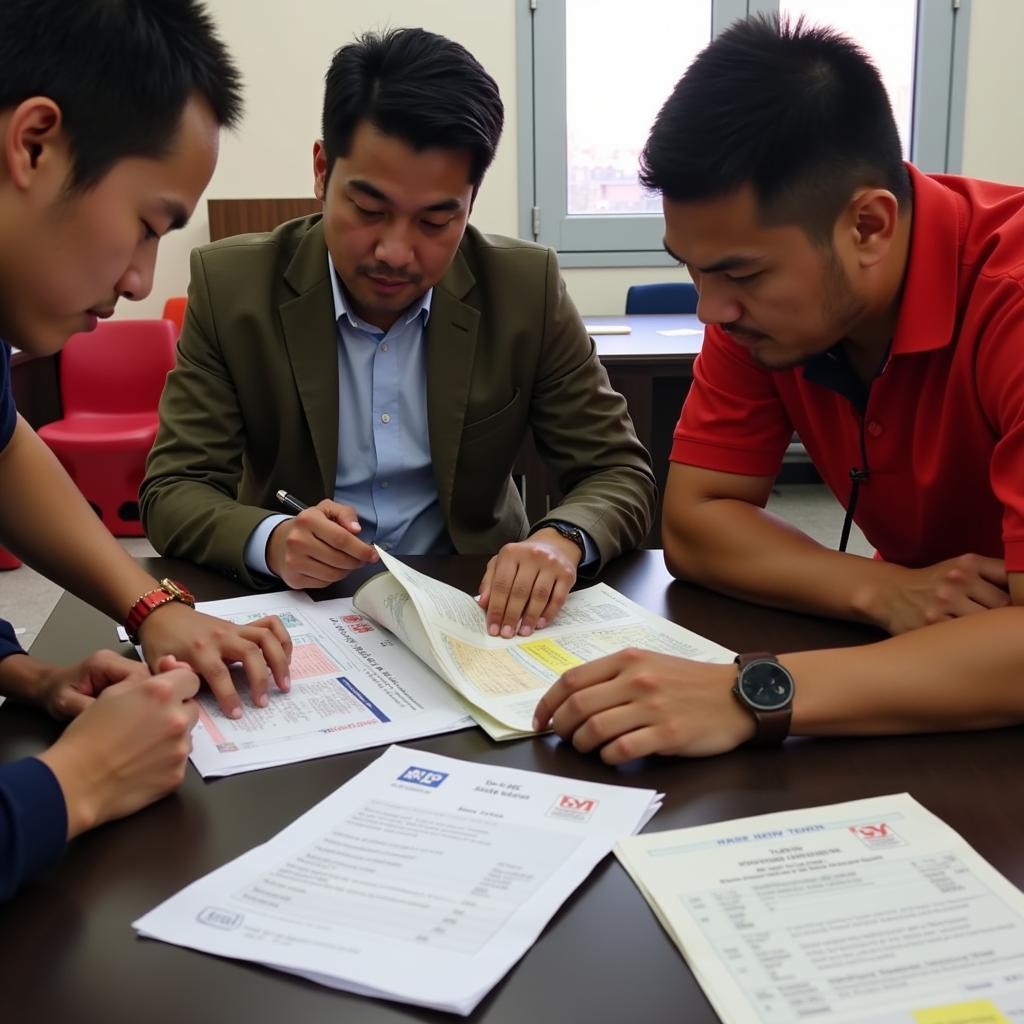 Officials from the Vietnam Football Federation (VFF) reviewing player documentation for age verification purposes.