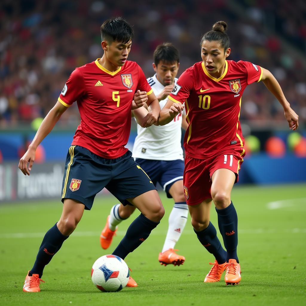 Vietnam and Japan midfielders clashing for the ball