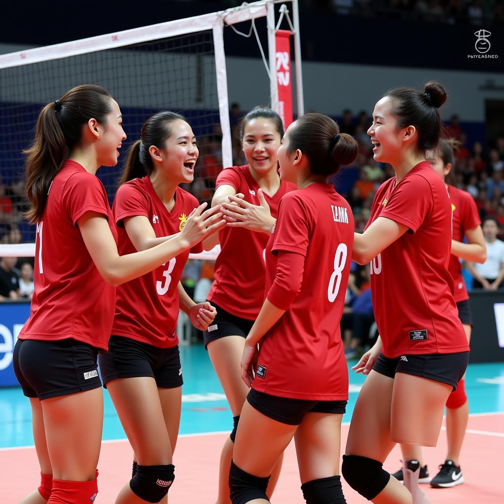 Vietnamese volleyball team celebrating a point