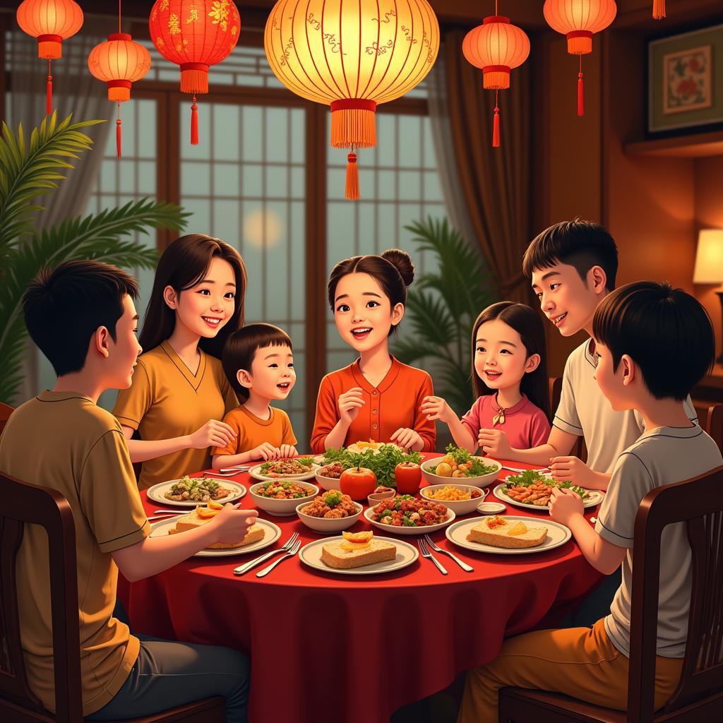 A traditional Vietnamese family celebrating Tet, highlighting the importance of family in Vietnamese culture.