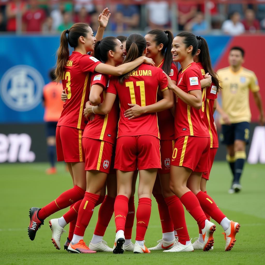 Vietnamese Female U19 Football Team Celebrating a Goal