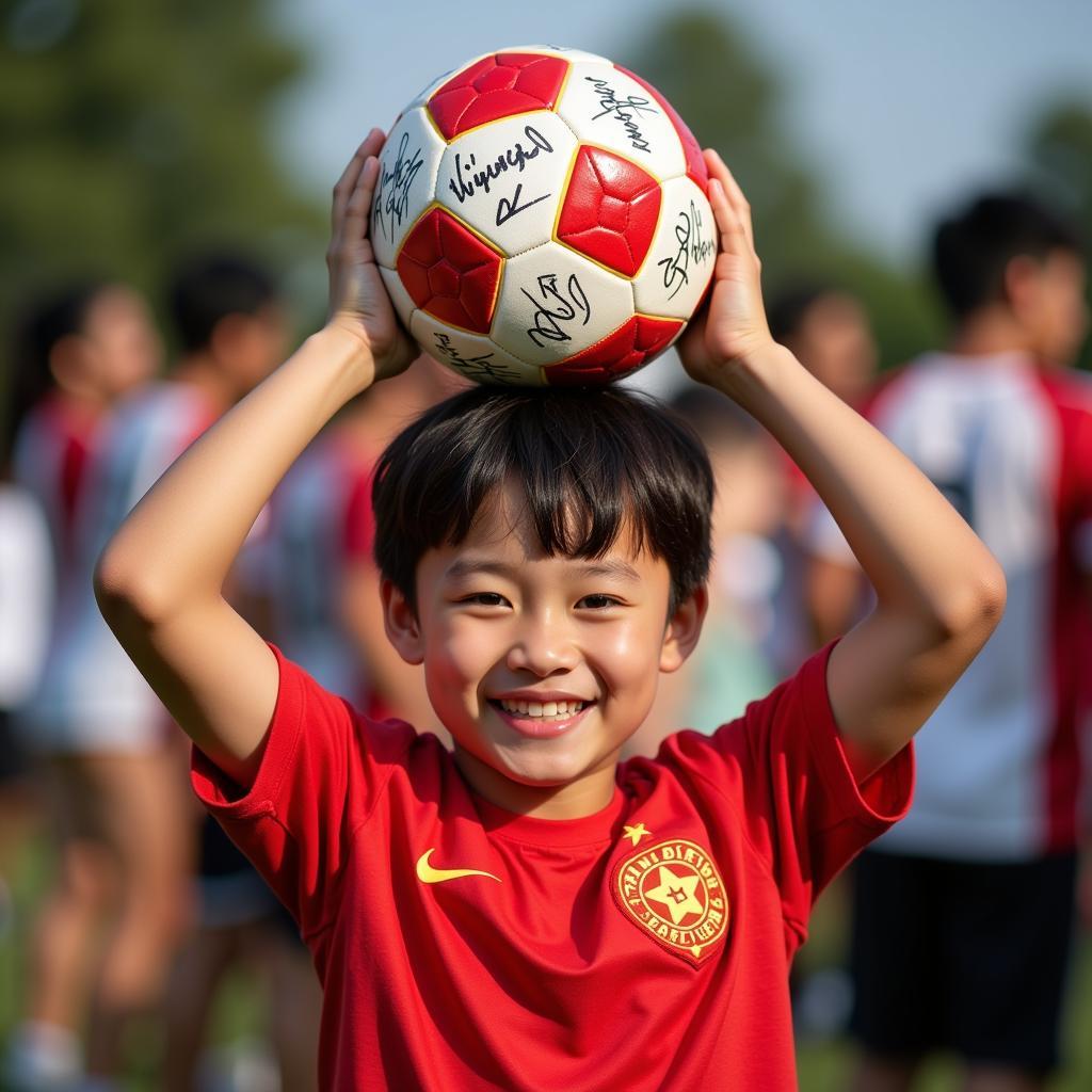 Vietnamese Football Fan Showing Off Signed Football