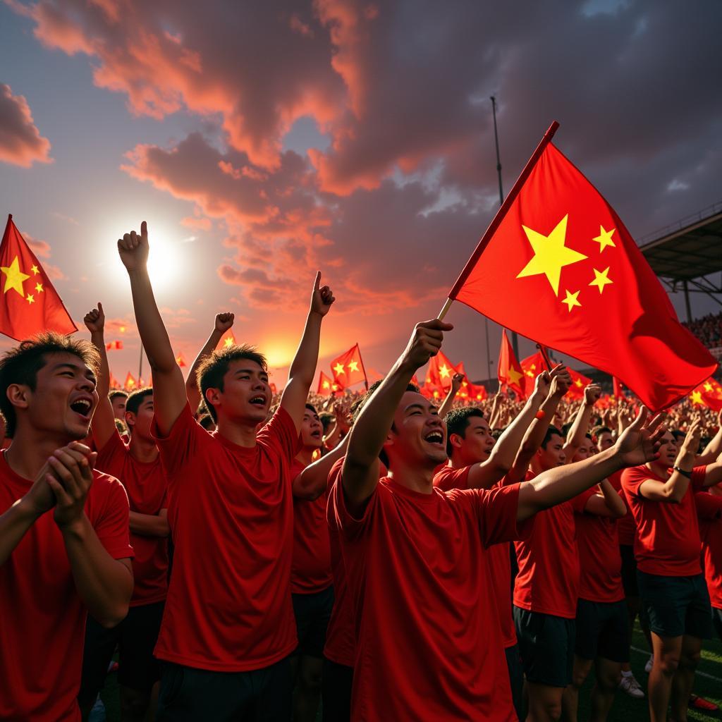 Vietnamese football fans cheering enthusiastically for their team