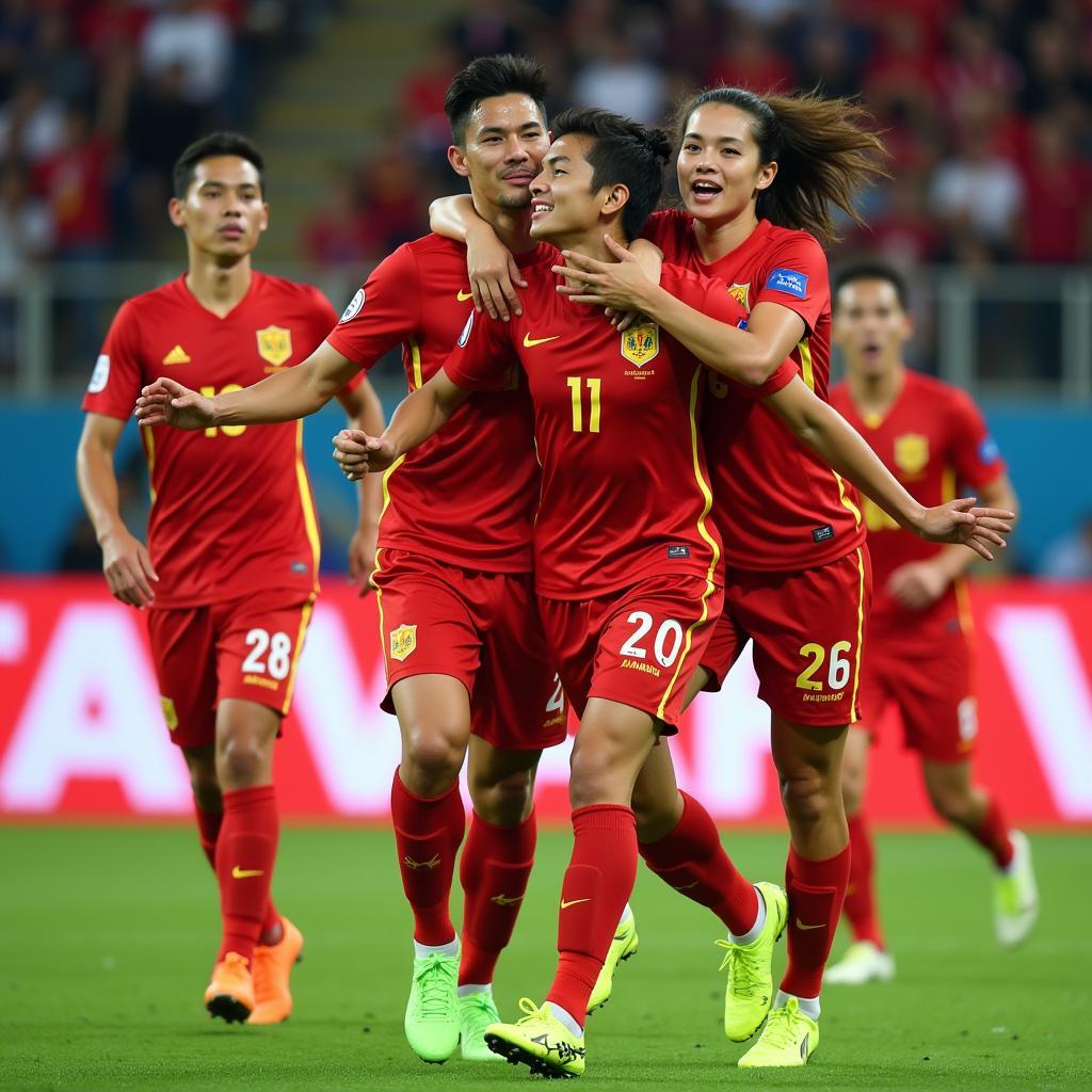 Vietnamese football players celebrating a goal after a dynamic attacking move.