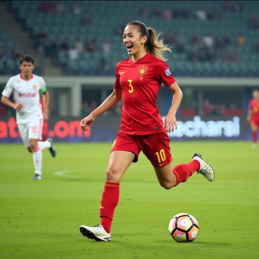 Vietnamese Football Player Celebrating a Goal After Scoring