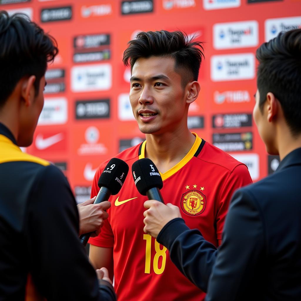 A Vietnamese football player engages in a post-match interview.