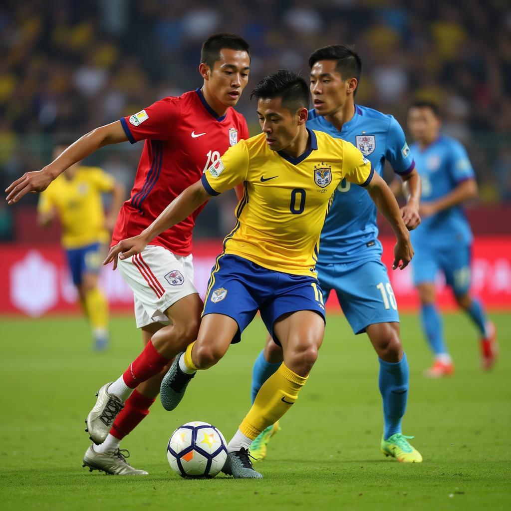 Vietnamese football player in midfield action during a match.