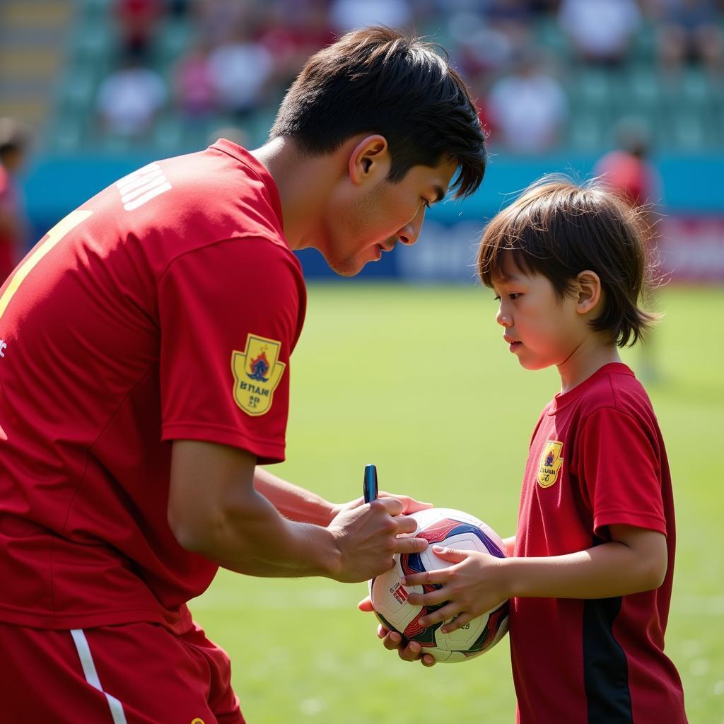 Vietnamese Football Player Signing Autograph for Fan