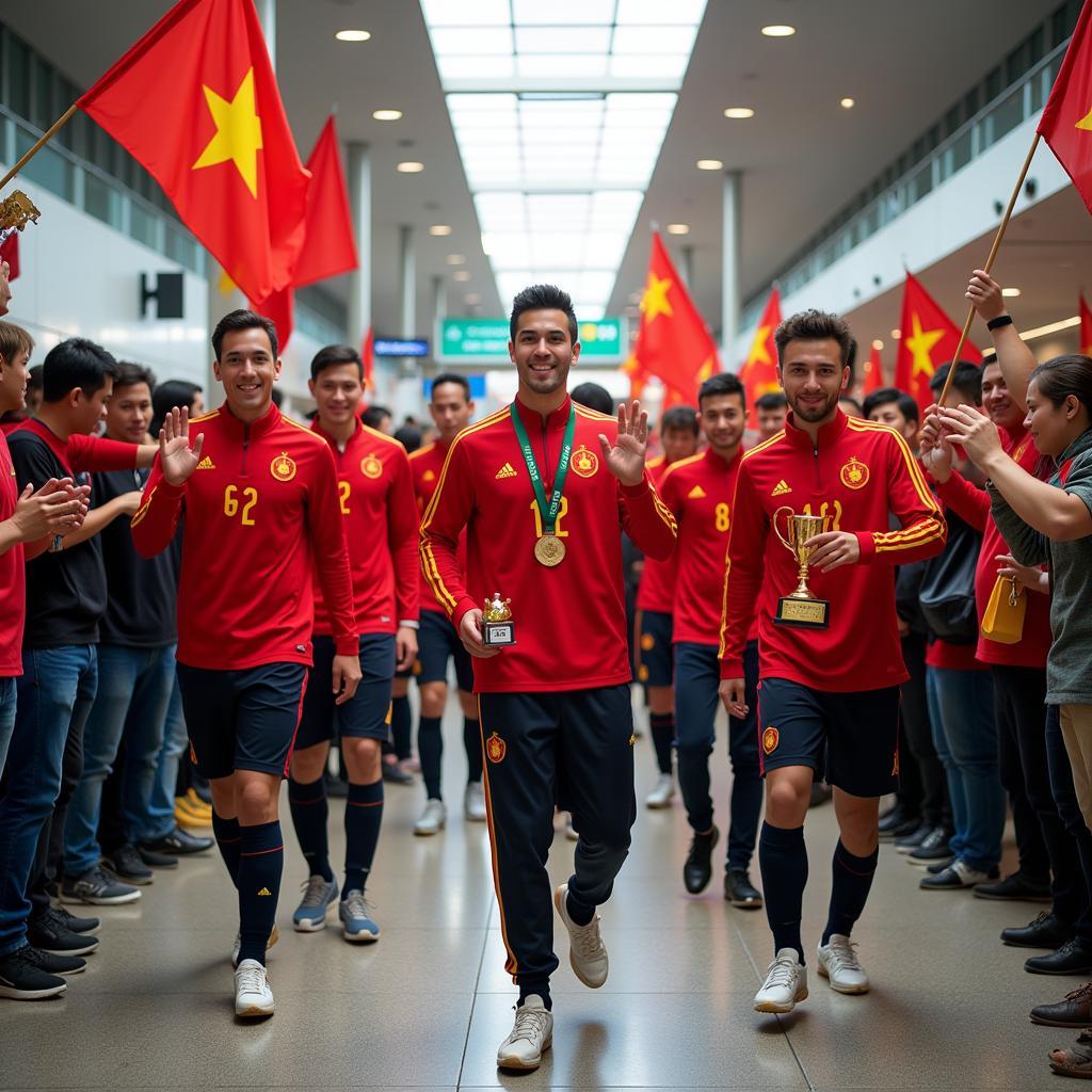 Vietnamese football players arriving at the airport after an international tournament