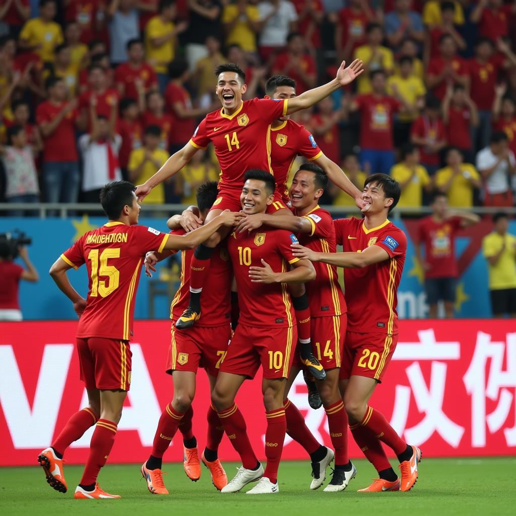 Vietnamese football players celebrate a hard-fought victory in a thrilling match.