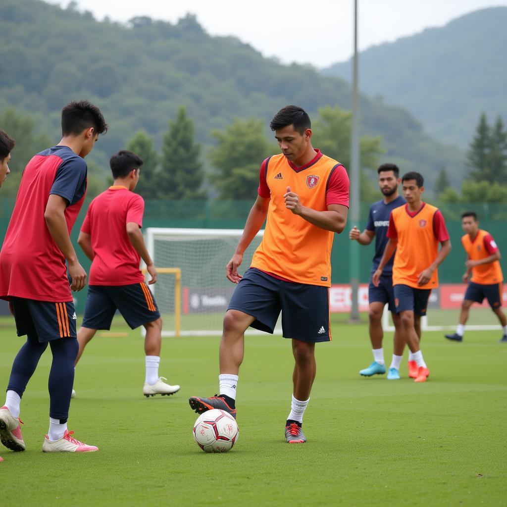 Vietnamese Football Players Training Intensely