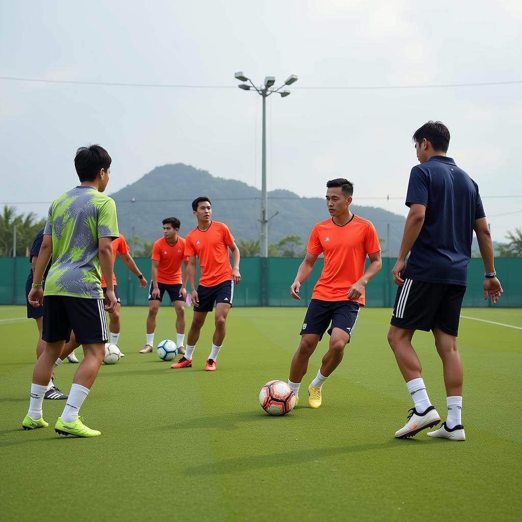 Vietnamese football players training rigorously