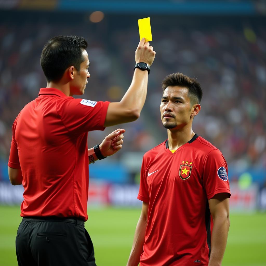 Referee Issuing a Yellow Card to a Vietnamese Football Player