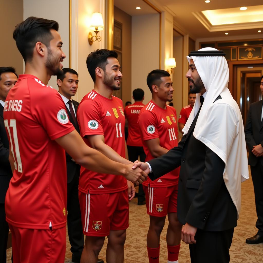 Vietnamese footballers shake hands with the UAE Prince