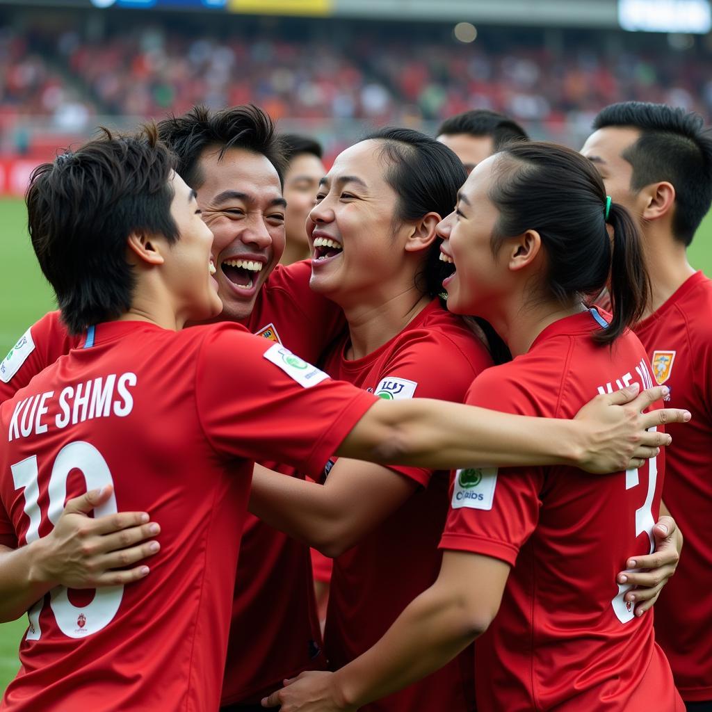 Vietnamese Futsal Team celebrating a goal with enthusiastic cheers and camaraderie