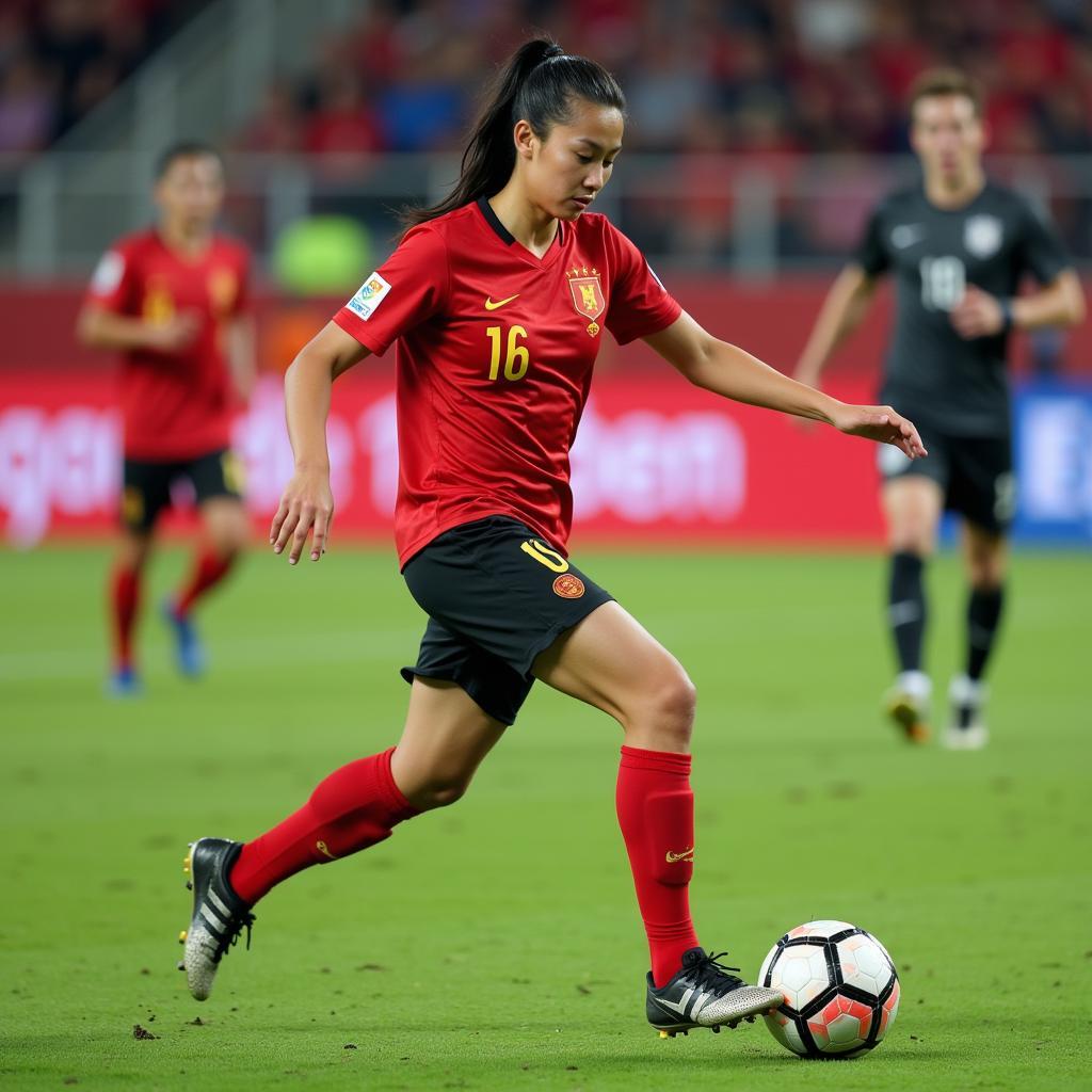 Vietnamese Midfielder Controlling the Ball in a Match