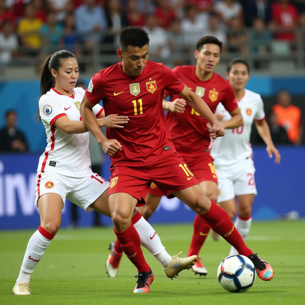 Vietnamese U22 defenders showcasing their skills during a match.