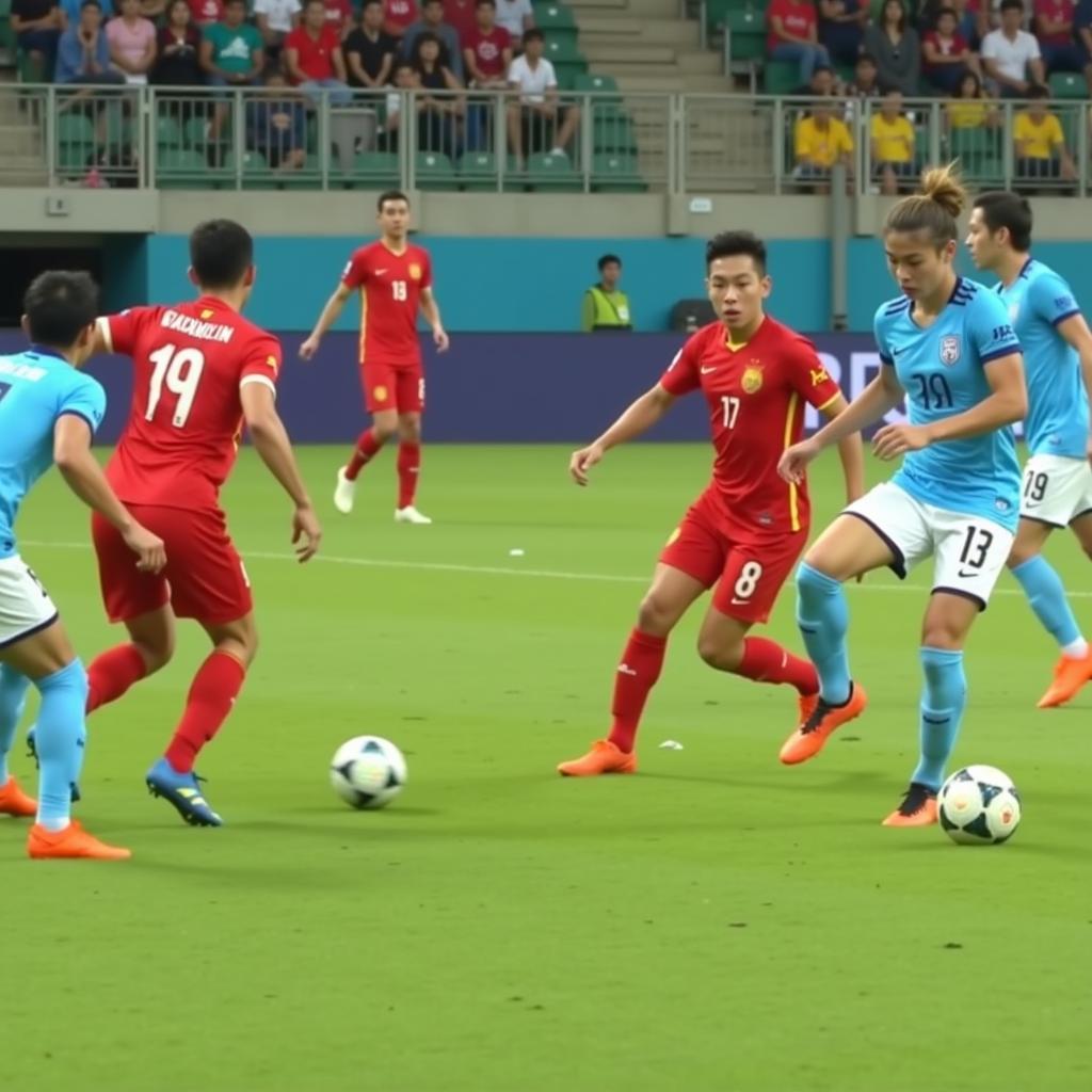 Vietnamese U22 midfielders demonstrating their control and passing skills during a match.