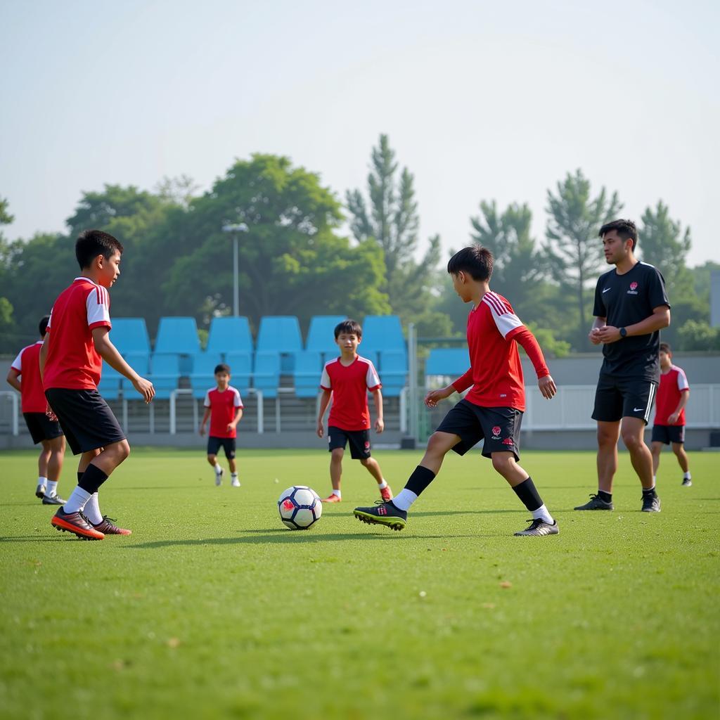 Young players training at a Vietnamese football academy