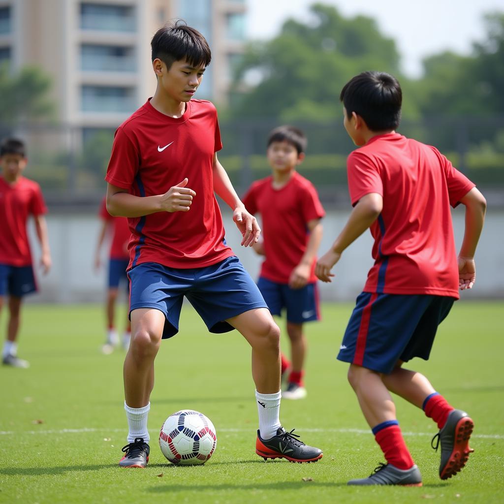 Vietnamese Youth Football Training - Young players practicing drills with a coach.