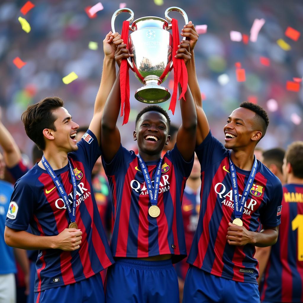 Vinicius, Haaland, and Mbappe lifting the Champions League trophy