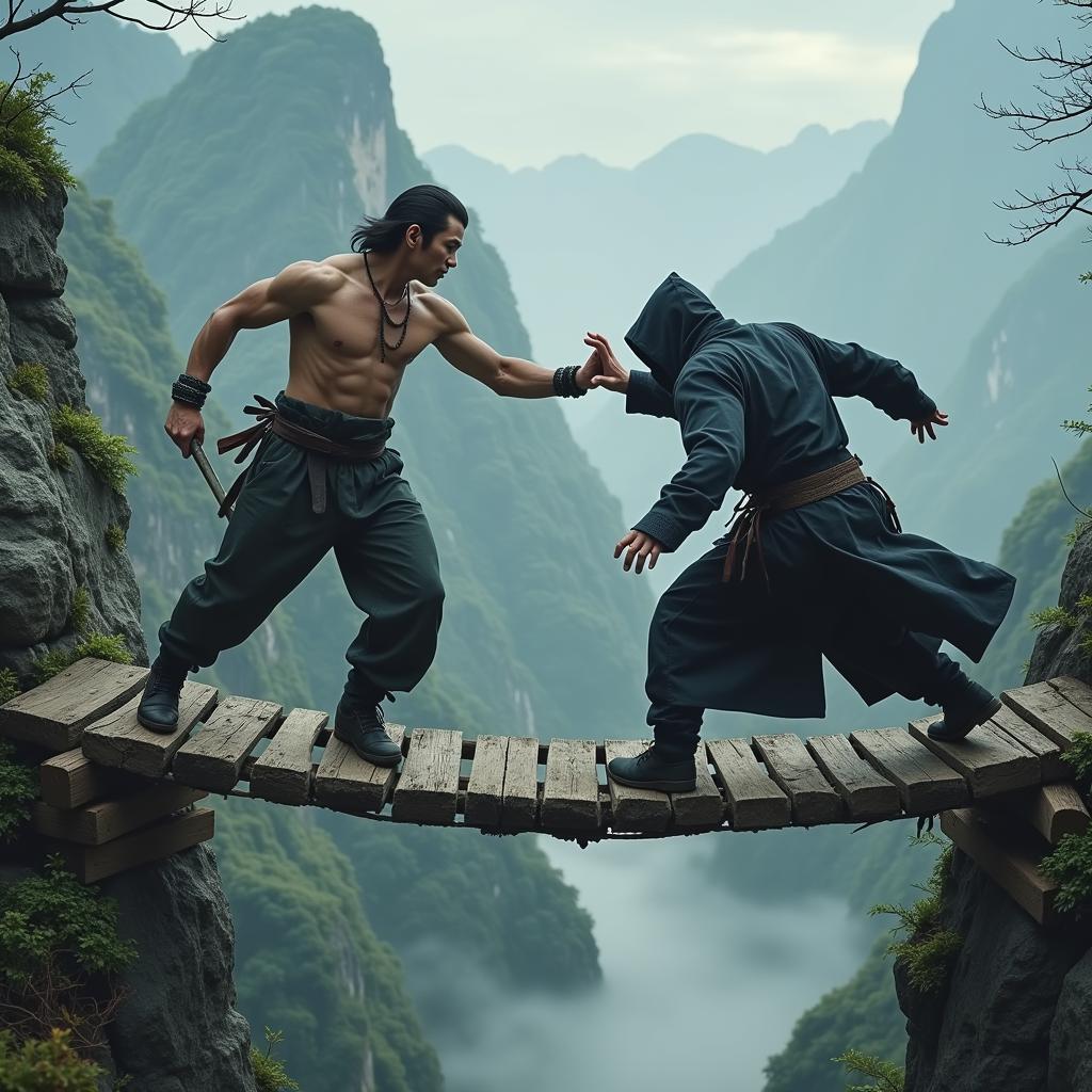 Vo Tong fighting assassin on Flying Cloud Bridge