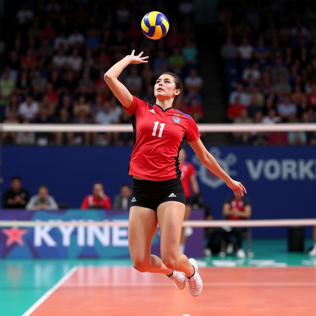 Sabina Altynbekova in action during a volleyball match.