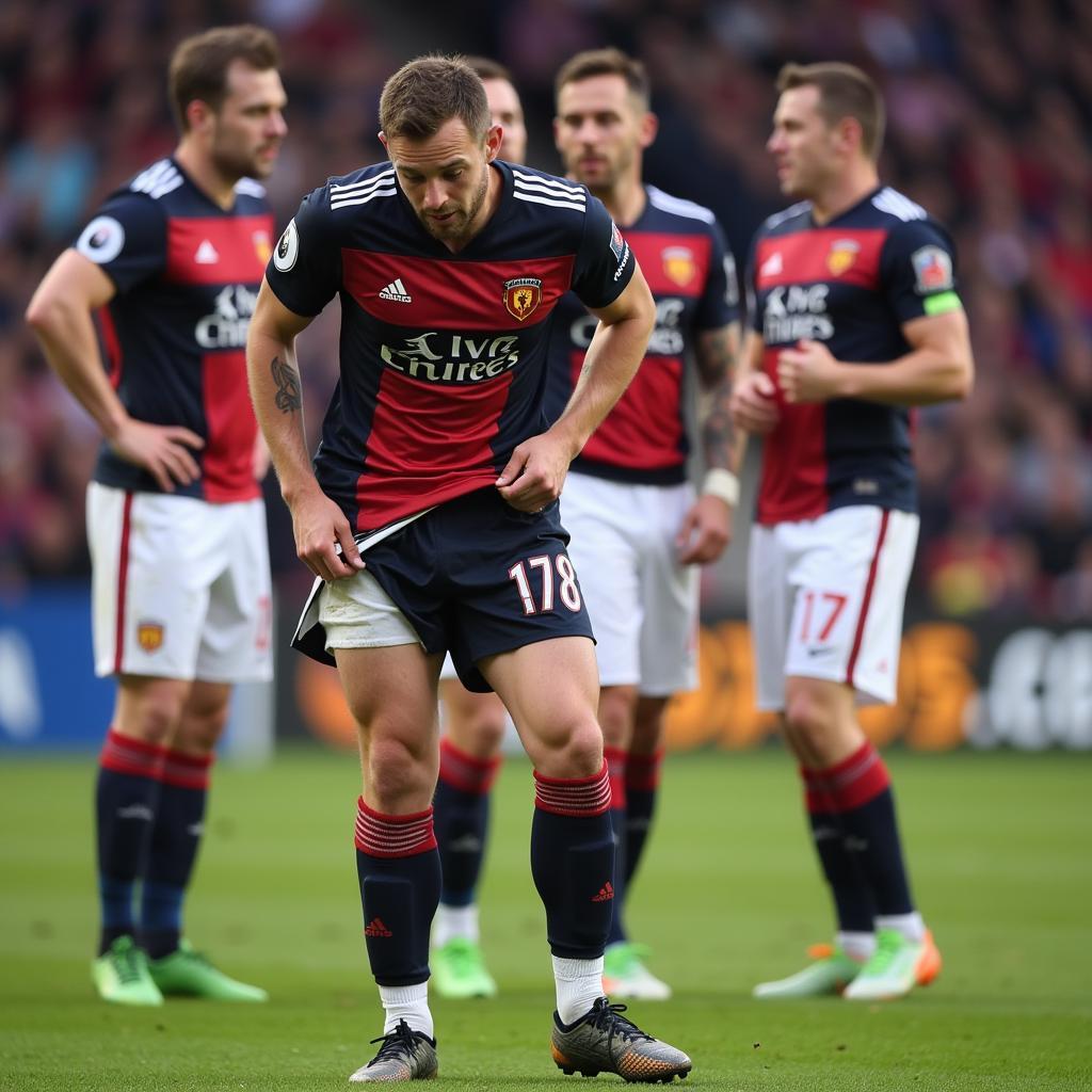 Football Player Experiencing Wardrobe Malfunction on the Field