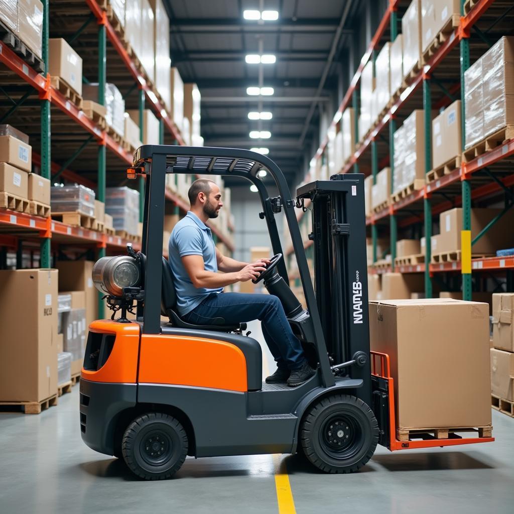 Warehouse Worker Operating Forklift