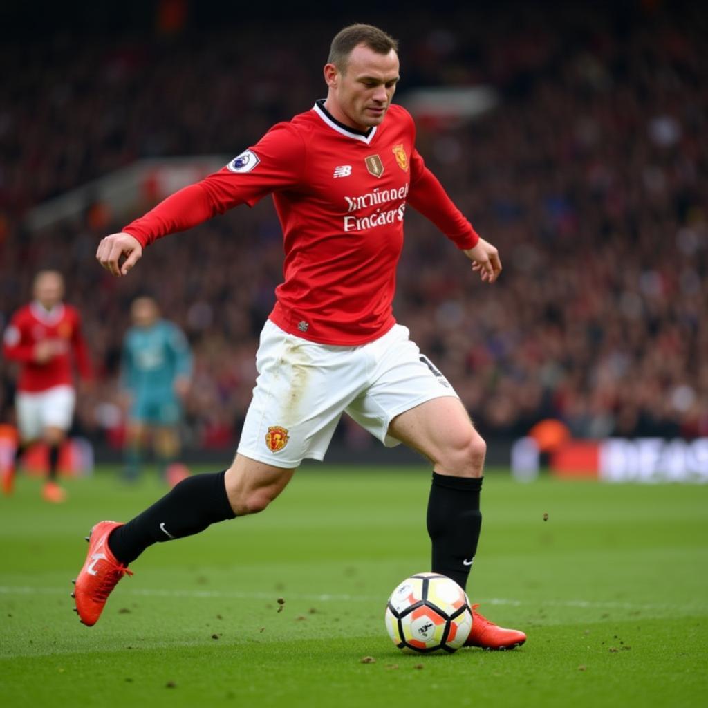 Wayne Rooney taking a powerful shot on goal