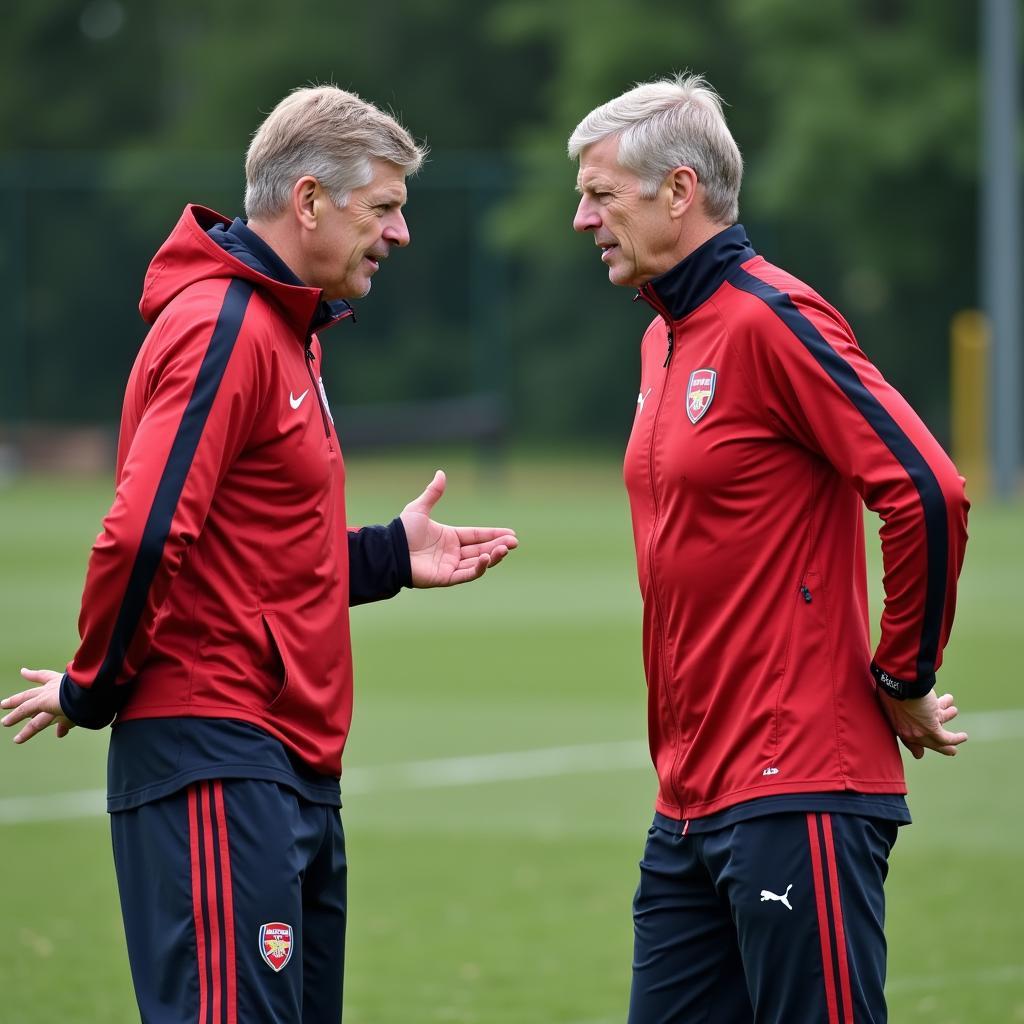 Wenger and Haaland discussing tactics on a training ground