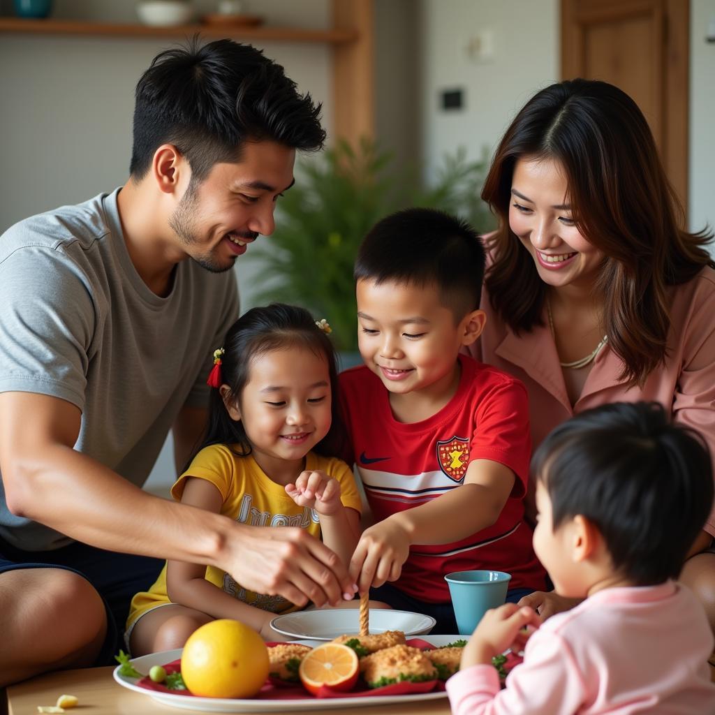 A Vietnamese football player spending quality time with his wife and children at home.