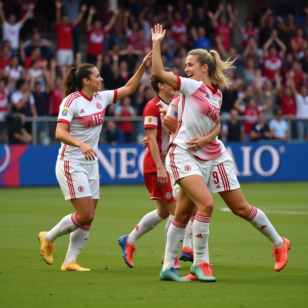 Women's football team celebrating a goal