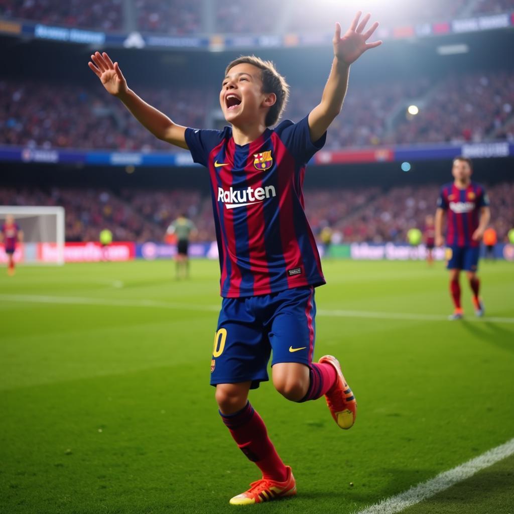 Young Barca Player Celebrating a Goal at Camp Nou