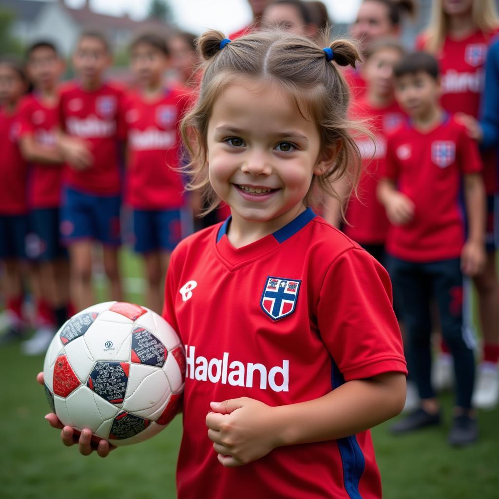 A young fan proudly wearing the Landslagsdrakt Norge Haaland jersey