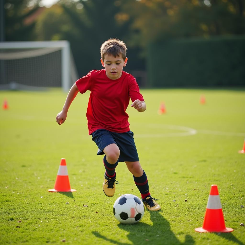 Young football player training rigorously