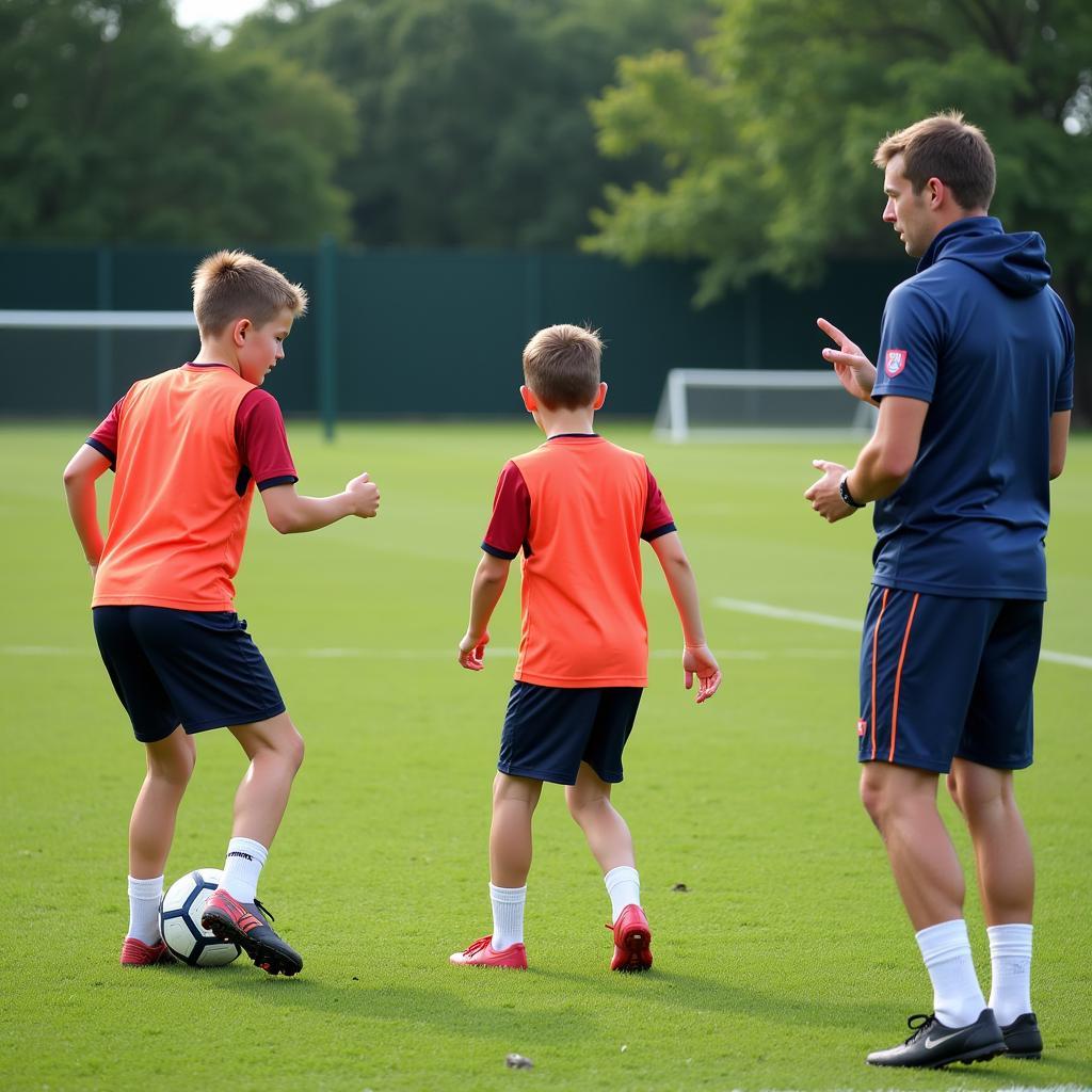 Young football players training on the field